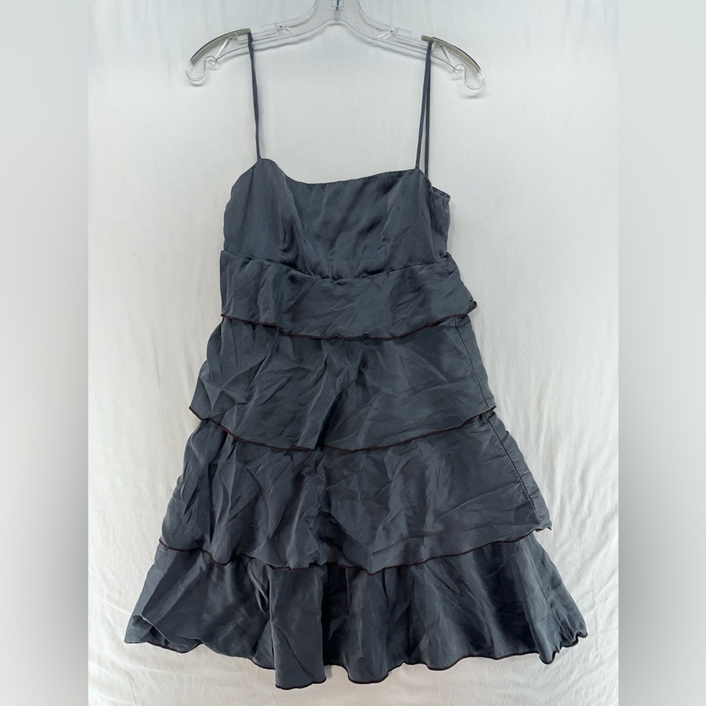 Michelle Jonas Gray 100% Silk Tiered Dress Brown Trim Size Small Petite